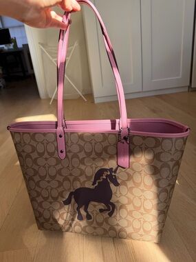 Coach Beige Signature Canvas Tote with Pink Trim and Purple Horse